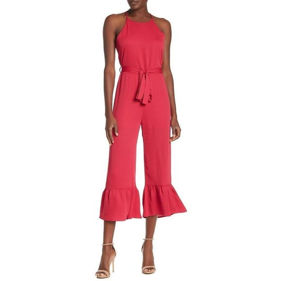 EVERLY Sleeveless Ruffle Hem Cropped Halter Jumpsuit Deep Pink Berry Size Large - Picture 1 of 1